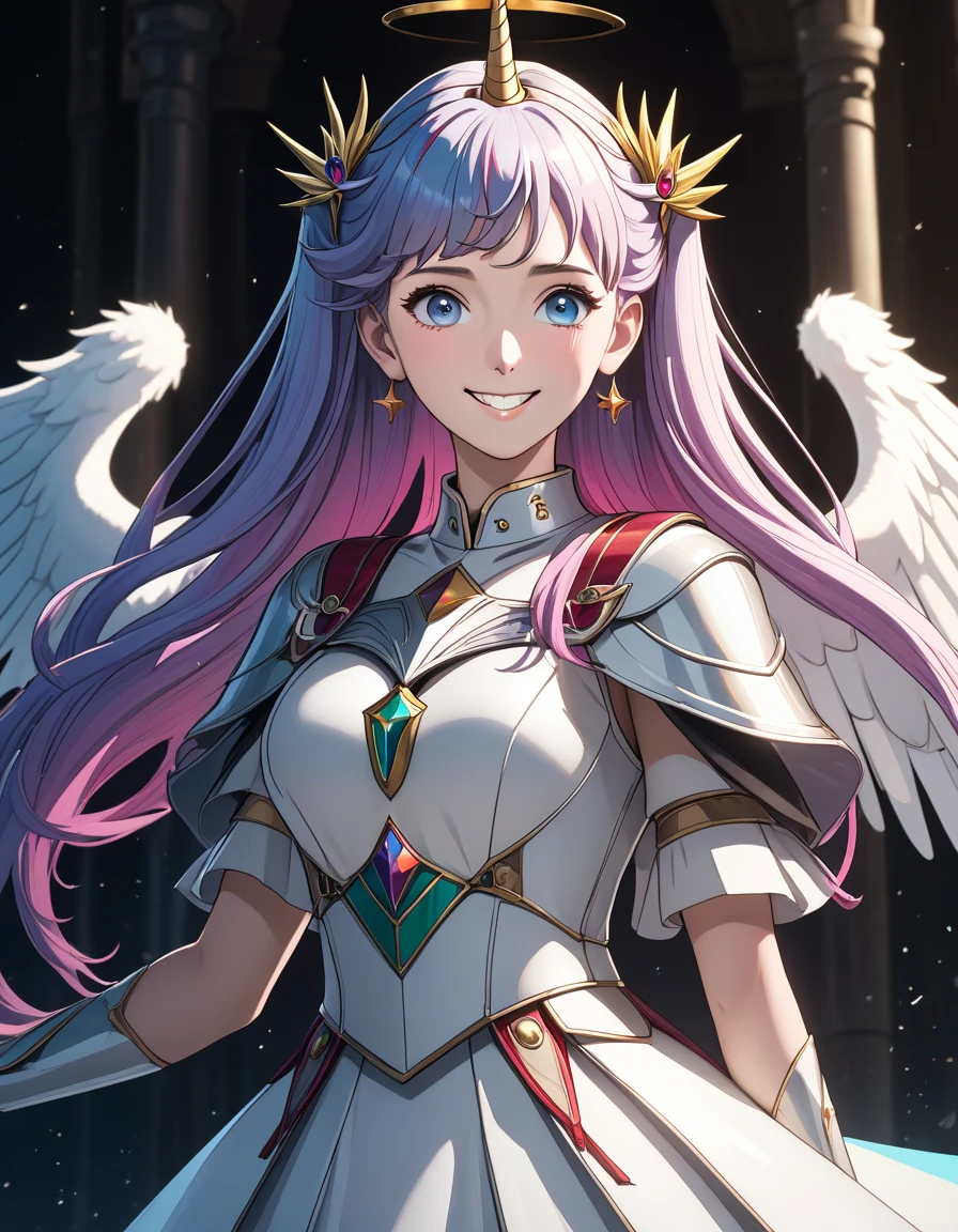 great quality ++ Extremely detailed high resolutionolution, very aesthetic, expressive eyes, (((perfect face))), (((face symmetrical))), ((good anatomy)), (((perfect hands))), (((8k))), UHD, HD wallpaper, (((detailed high cal, only, masterpiece, The best quality, high resolution, Highly detailed, (illustration), beautiful detailed eyes, (((combatant))), ((((fullbody)))), (((1girls))), ((((fulll body)))), (((white pony ears))), (((wings))), (((Unicorn Horn))), (((princess celestia (mlp)))), ((((Multicolored Hair))), ((((human form)))), (((((smile))))), Hair bun, single Hair bun, braid, dress, ribbon, hair ribbon, armor, gauntlets, armored dress,
