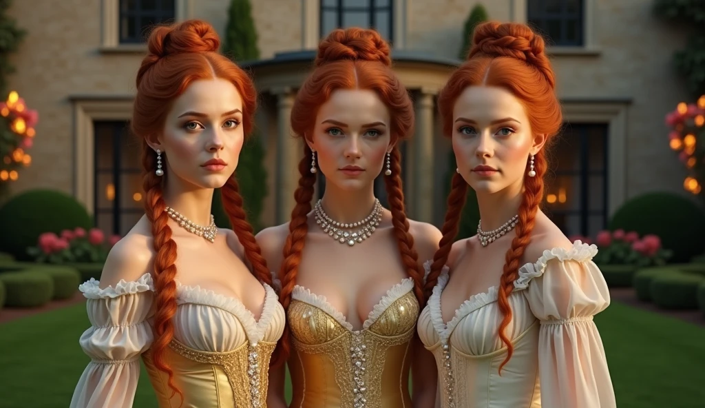 in Bridgerton, 3 girls, twins, 21 years, in England 1803, all redheads ((gingers)), perfect green eyes, buns with braids, sides, built-in and with crown, ((best quality)), ((master piece)), (detailed), perfect face, beautiful, skinny, slim body, corset and gloves, golden and white underware, pearls, jewelry, in front of a castle house, rustic house, night time, flambeau fire, perfect garden, flowers, Prom 