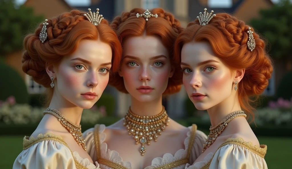 in Bridgerton, 3 girls, twins, 21 years, in England 1803, all redheads ((gingers)), perfect green eyes, buns with braids, sides, built-in and with crown, ((best quality)), ((master piece)), (detailed), perfect face, beautiful, skinny, slim body, corset and gloves, golden and white underware, pearls, jewelry, in front of a castle house, rustic house, night time, flambeau fire, perfect garden, flowers, Prom