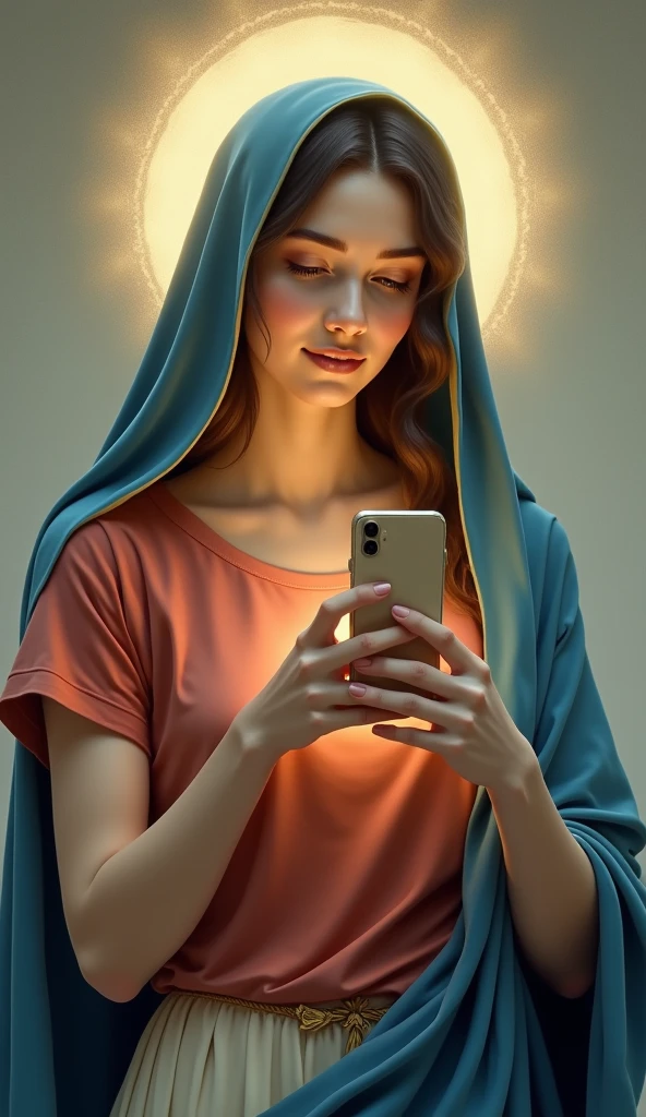 A very beautiful modern Virgin Mary , Reddish beige T-shirt with blue cloak and veil, Halo, Taking a selfie with a smartphone, A faint smile