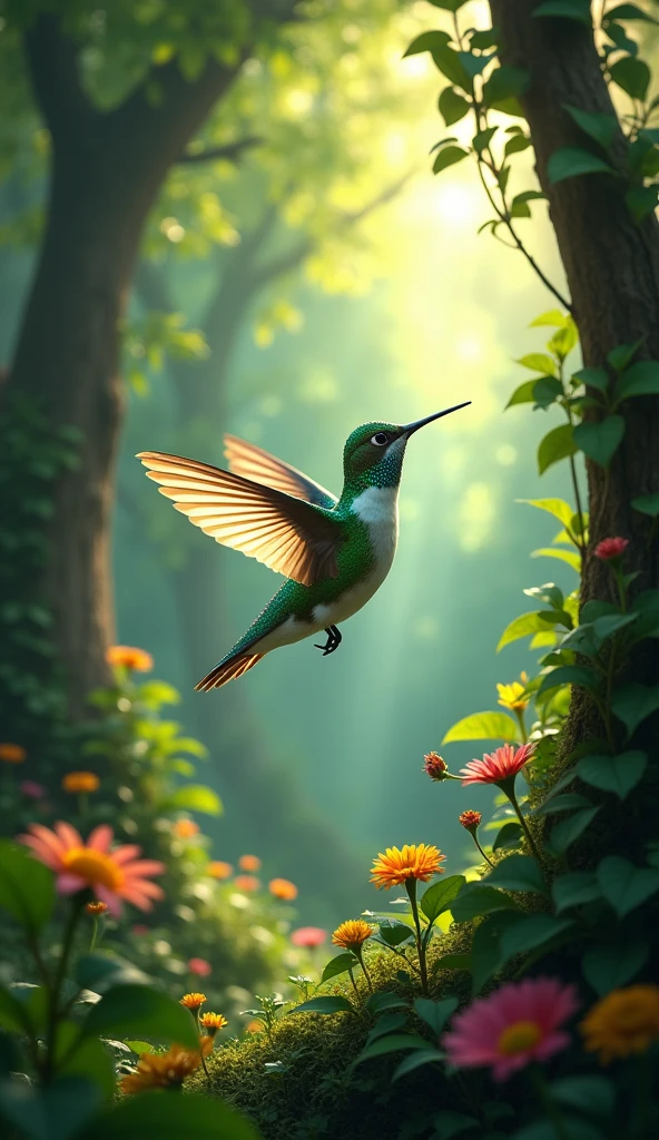 Hummingbird flying fast and smooth in the forest