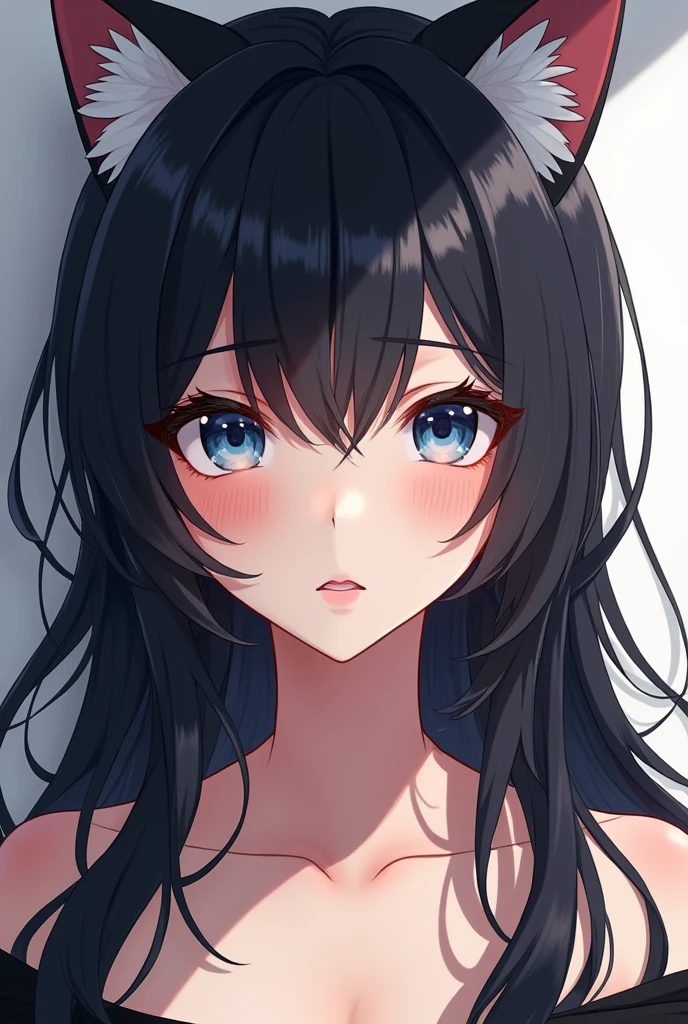 A beautiful girl with sharp outlined eyes and long black hair with a wolfcut haircut and pale skin in a 2d anime-like style without cat ears

