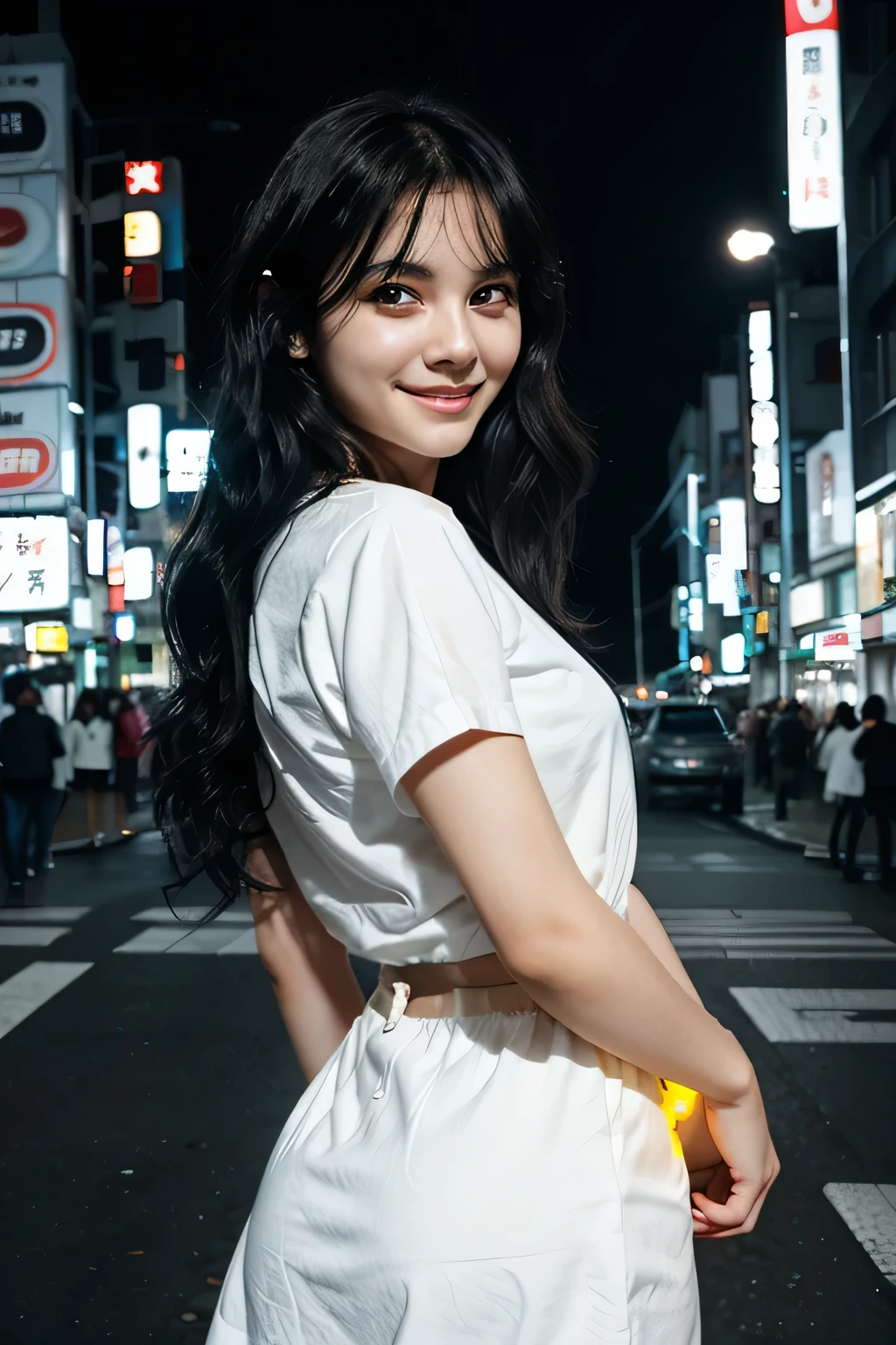a girl with wavy black hair, White skin, smiling and with the background of a Tokyo city at night with yellow lights in drawing and anime style