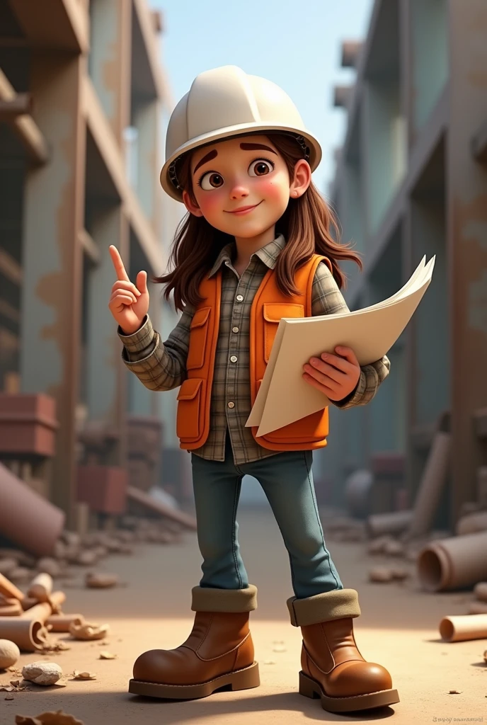 engineer, White skin, long straight brown hair, with a white safety helmet and an orange safety vest, wearing a flannel shirt, jeans and safety boots, In your hands you should have a plan and with one finger raised as if giving approval, disney style