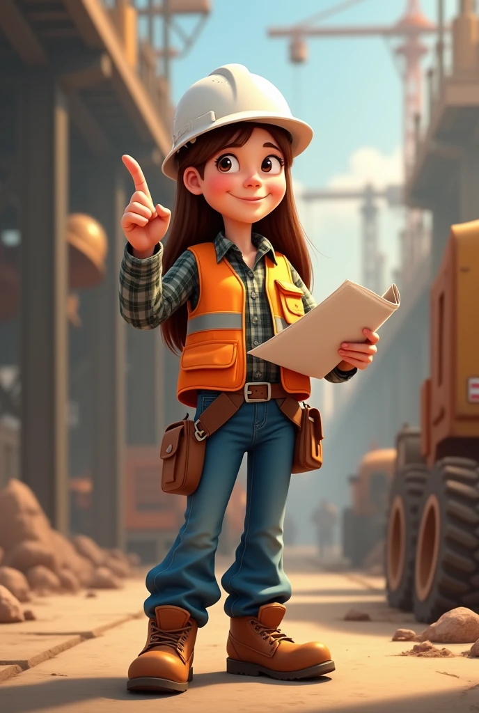 engineer, White skin, long straight brown hair, with a white safety helmet and an orange safety vest, wearing a flannel shirt, jeans and safety boots, In your hands you should have a plan and with one finger raised as if giving approval, disney style