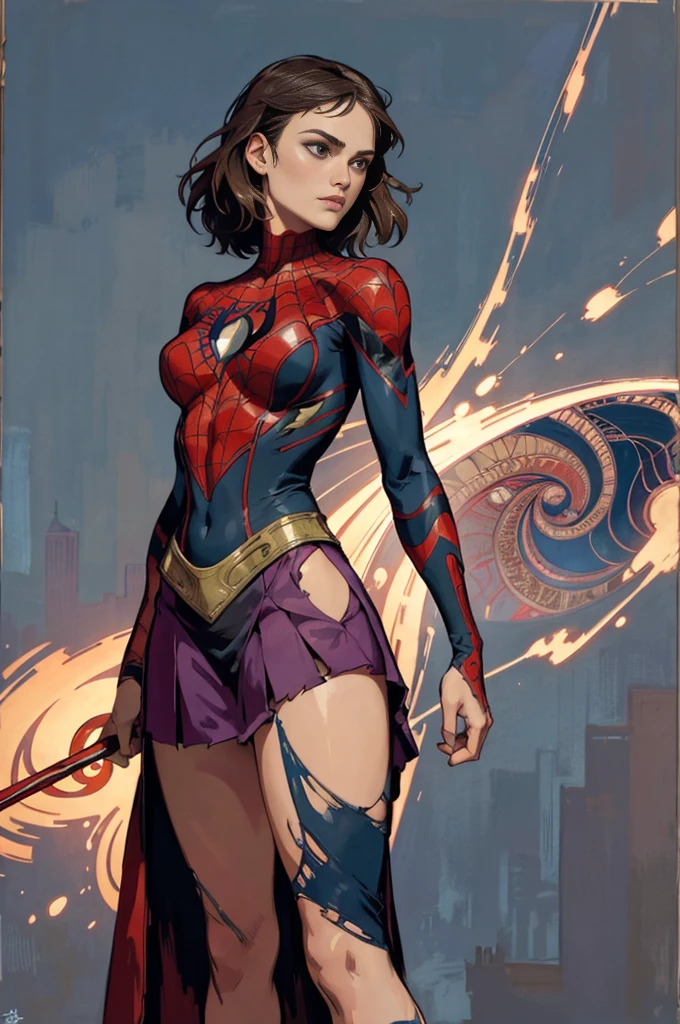 Zoe Saldana、stick out the navel、new york、wearing a torn spiderman suit、Wearing a skirt、Abstract and realistic、Artistic、Alphonse Mucha paintings(masterpiece、Highest quality、High resolution:1.4)、detailed、Exquisite detail、4K、Splashes of color、Line art、Fibonacci、
