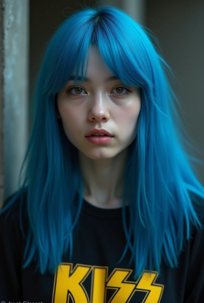 girl, long straight completely blue colored hair , she wears a long black t-shirt with KISS written in yellow, closeup