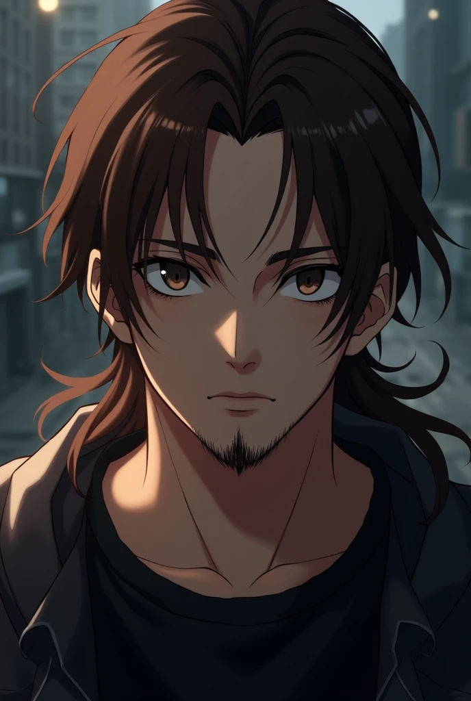 Make a male anime character, dark brown eyes and long brown hair, with a goatee and a black t-shirt.