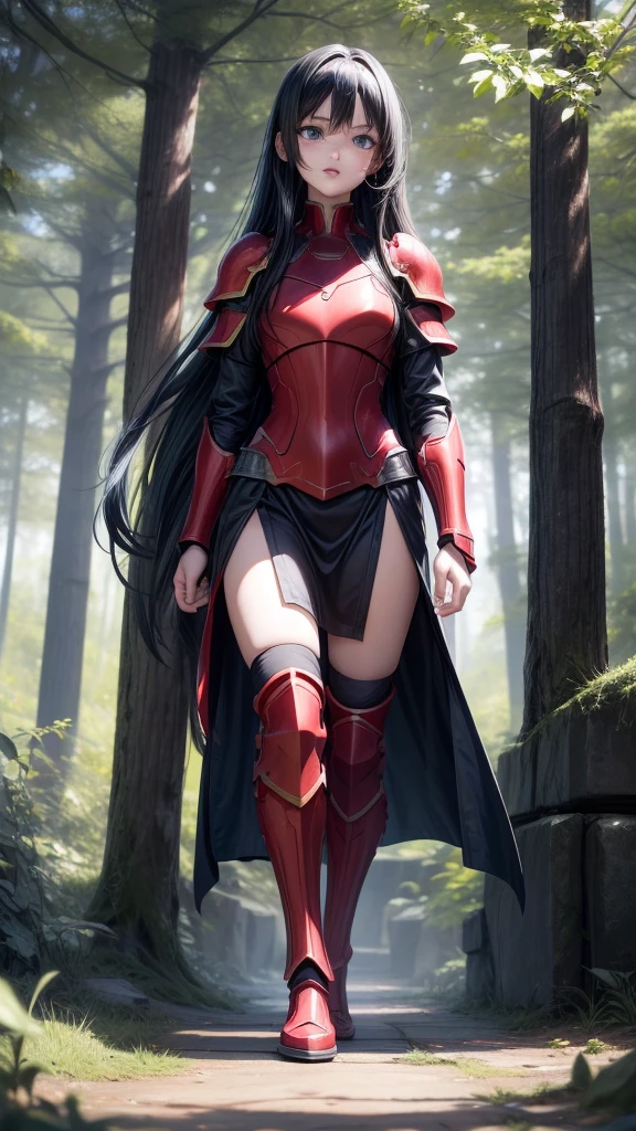 アニメ , 1 girl, {face perfect}, {long black hair}, {blue colored eyes}, {asymmetrical eyes}, {perfect nose}, {red lips}, {full body 5.0}, {red armor 5.0 detailed}, {walking in a forest}
{8k image}, {128k ultra resolution}, {ultra quality 128k}, {128k high quality sharpness}