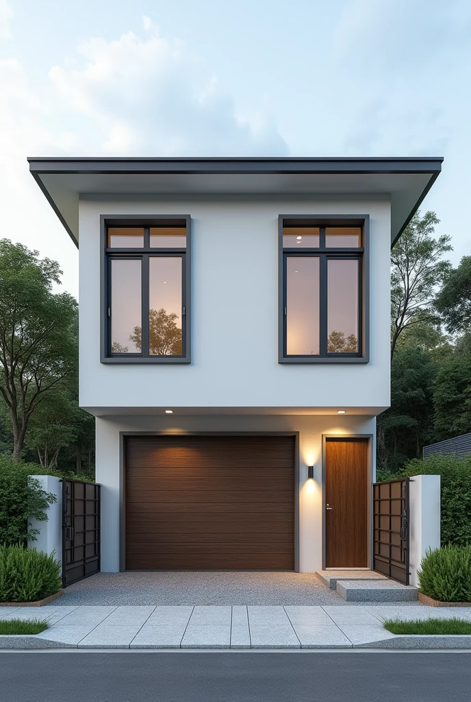 Create a simple affordable housing facade (front wall with two gates, one for the garage and the other for the entrance, on a steep plot of land (slope), where the lower part will be the garage
