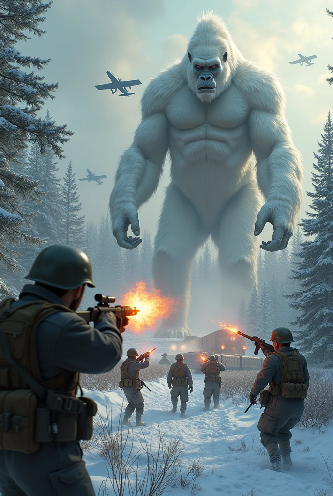 battlefield , Snowy forest , Mines , World War II structures , Soviet soldiers in black suits WWII vs German soldiers in German suits WW2 , with 18-meter-high white gorillas , European dragons killing Soviet soldiers , Living skeletons against Soviet soldiers , machine guns , Soviet planes against European dragons ; armed train , More troops leave , explosions and trenches