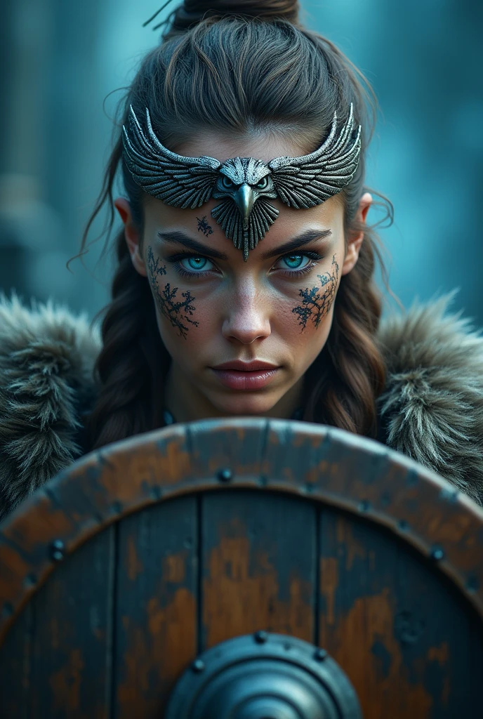 Close up face beautiful viking woman, wooden shield in hand , strong blue light in the eyes, eagle crown , viking face paintings, Angry, bone ornaments on the neck, battle armor, focused, braids in hair