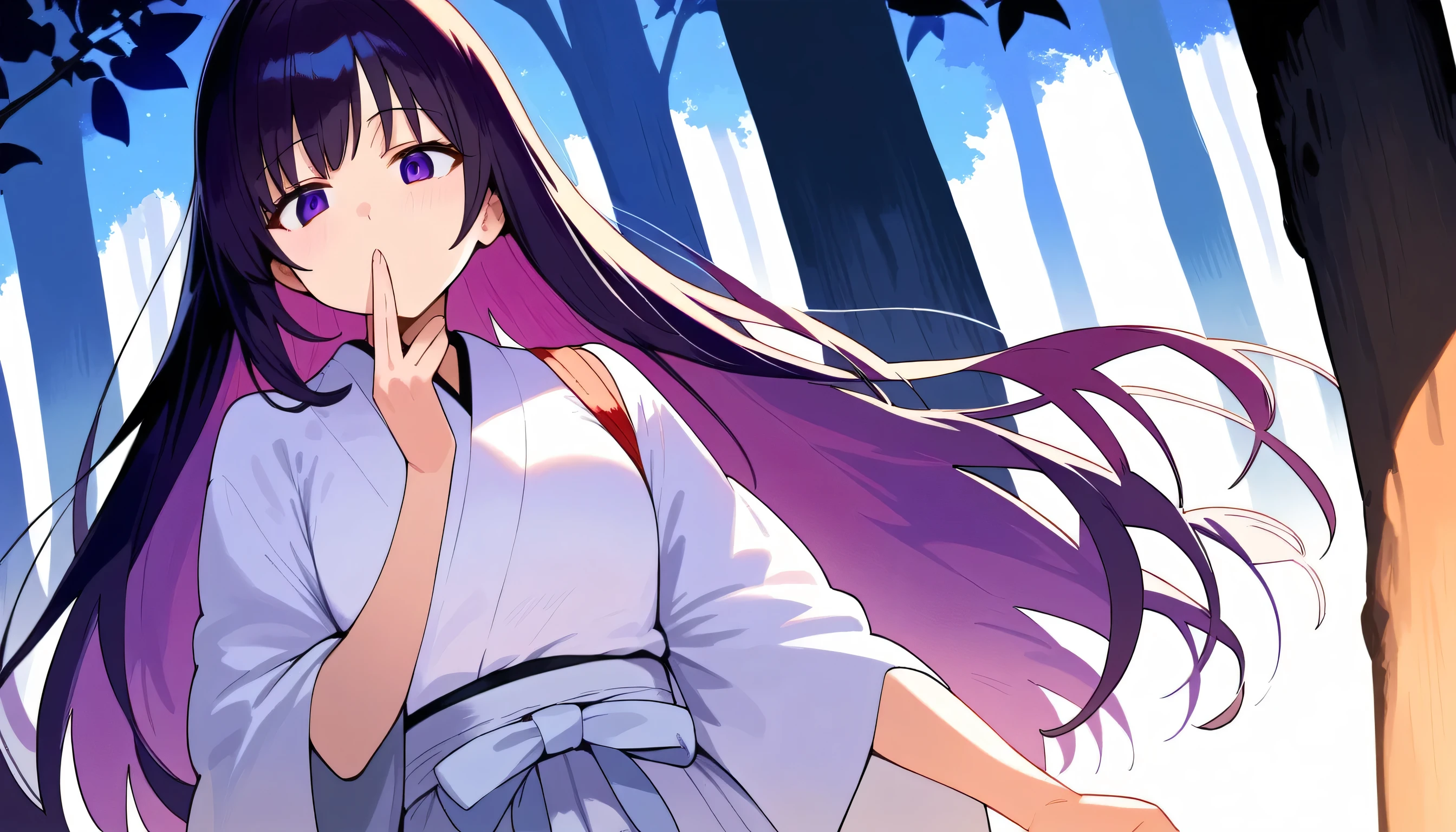 score_9, score_8_up, score_7_up, best quality, 1woman, black long hair, purple slant eyes, staring,white kimono hakama,, one hand on mouth, japanese forest, at night