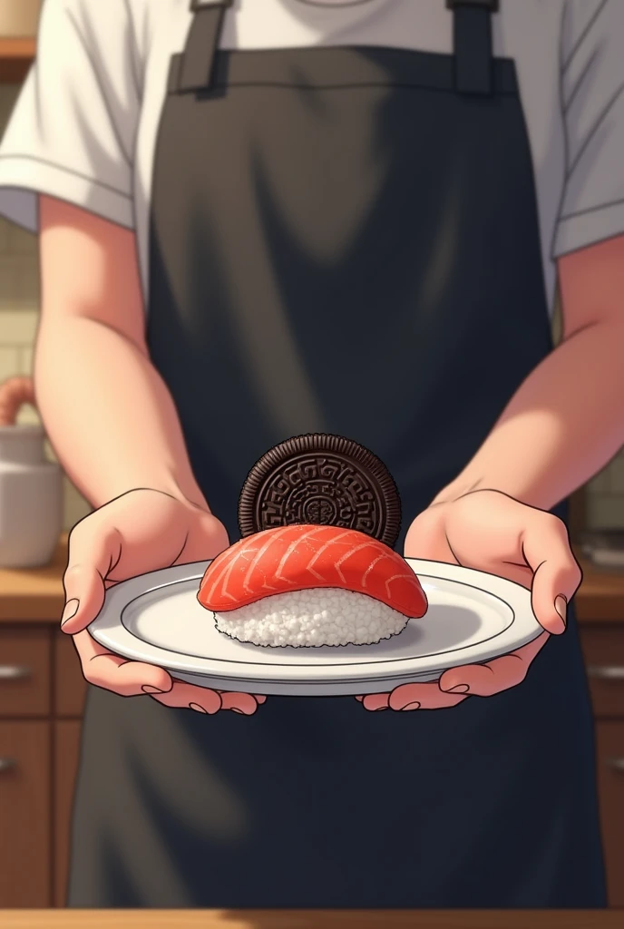Person holding a plate with sushi-shaped Oreo on top in a bowl anime wearing a black apron man