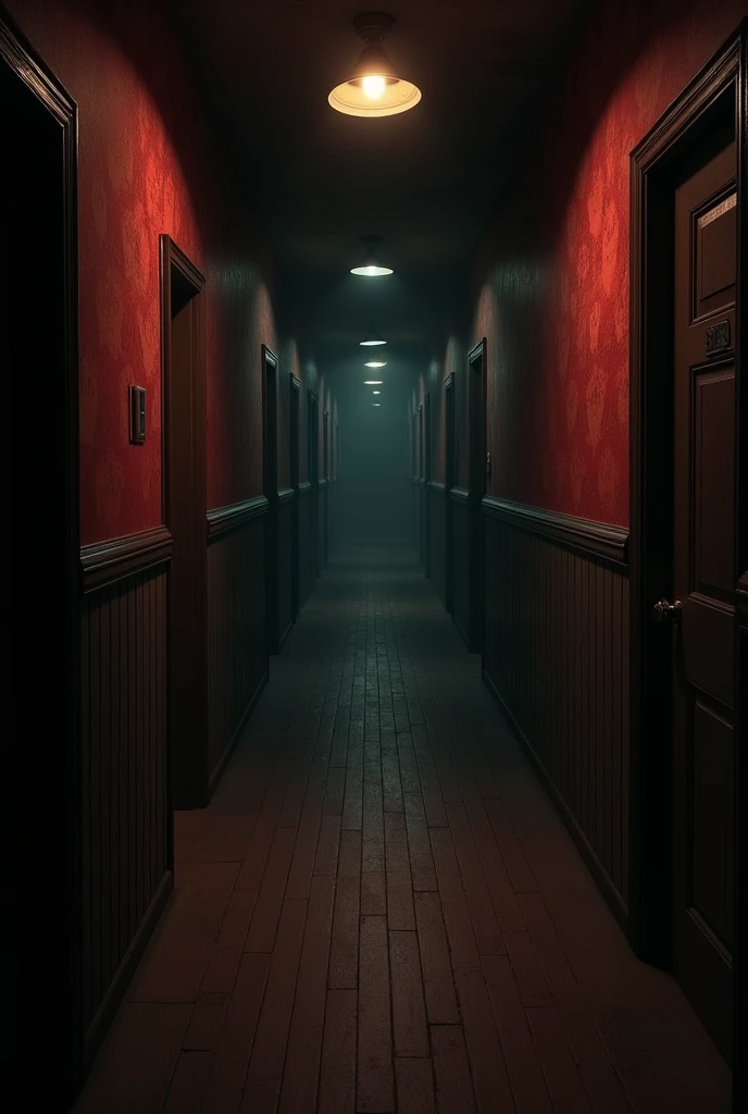 Dark hallway with wooden floor and red wallpaper walls, side rooms with tiled walls and floors and ceiling lamps; Liminal space