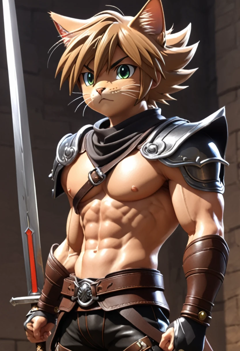 young,, Cat ear, (12, sweating), Trained abdominal muscles, Chiseled pectoral muscles, 真swordな表情, ((3D anime art style)), sword, Combat Stance, Leather Strap, Leather Armor,juvenile,Huge muscles,Huge erect penis