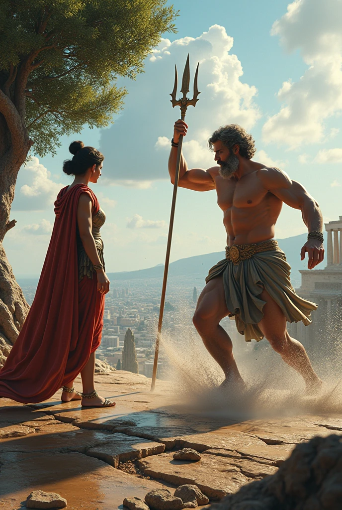 
Atenea and Poseidón, a goddess and god competing for the favor of a city, Ancient Greece, Atenea in elegant armor with an olive tree beside her, Poseidón with a trident striking the ground, the city of Athens in the distance, medium shot, hyper-realistic, photo realism, cinematography --ar 9:16
