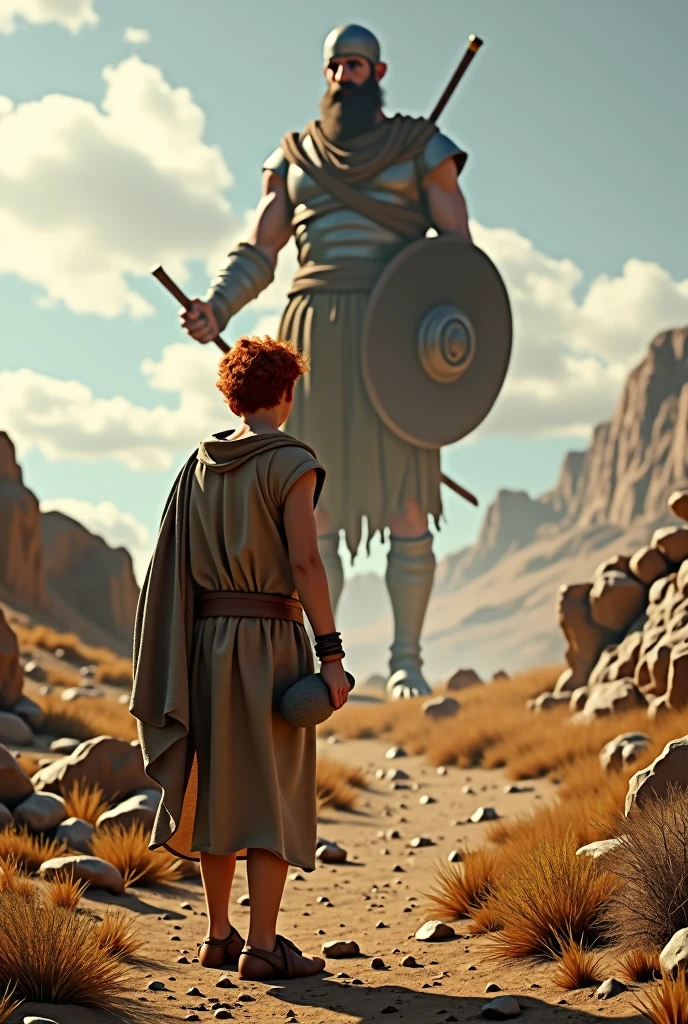 King David, adolescent, FIGHTING GOLIATH, red hair, SHEEP SHEPHERD'S CLOTHING, WITH A STONE AND A SLING IN HIS HANDS. 8K realistic picture.