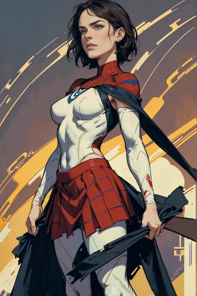 Daisy Ridley、stick out the navel、new york、wearing a torn spiderman suit、Wearing a skirt、Abstract and realistic、Artistic、Alphonse Mucha paintings（masterpiece、Highest quality、High resolution：1.4）、detailed、Exquisite detail、4K、Splashes of color、Line art、Fibonacci、
