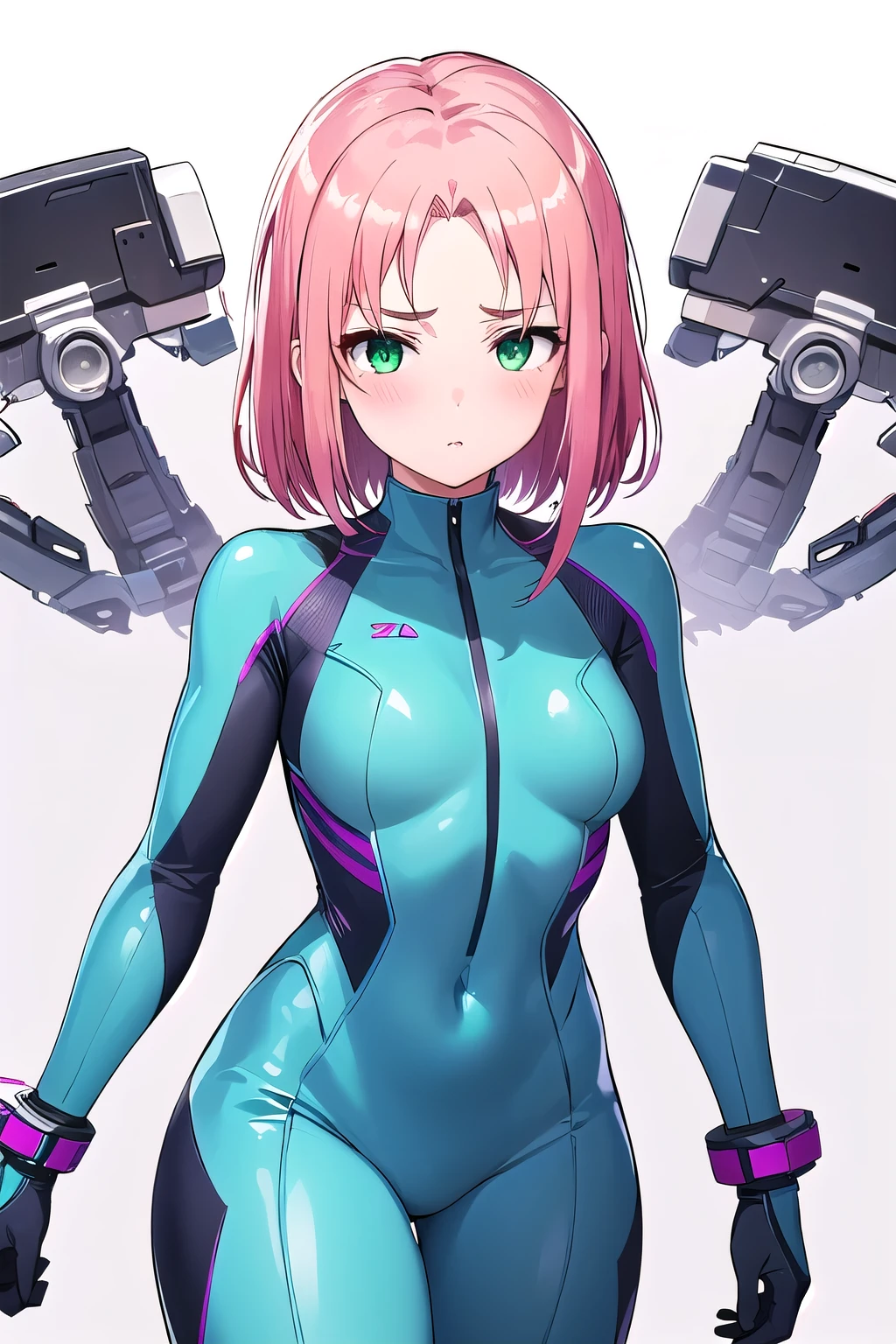 1girl,Samus aran,solo,green eyes, pink hair, forehead hair, zero suit ,purple stripes,cowboy shot,blush,,Science fiction,ultra-detailed,sharp focus,aesthetic,(best quality), white background