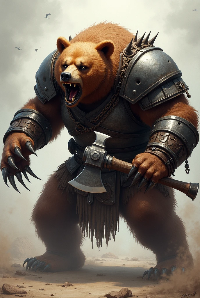 close up face angry warrior bear, open claws on display, attacking, viking armor, attacking com a pata, armed with an axe 