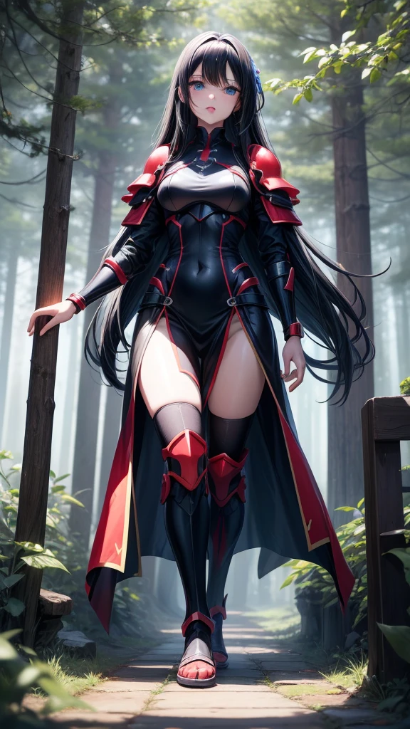 アニメ , 1 girl, {face perfect}, {long black hair}, {blue colored eyes}, {asymmetrical eyes}, {perfect nose}, {red lips}, {full body 5.0}, {red full body armor 5.0}, {walking in a forest} 
{8k image}, {128k ultra resolution}, {ultra quality 128k}, {128k high quality sharpness}