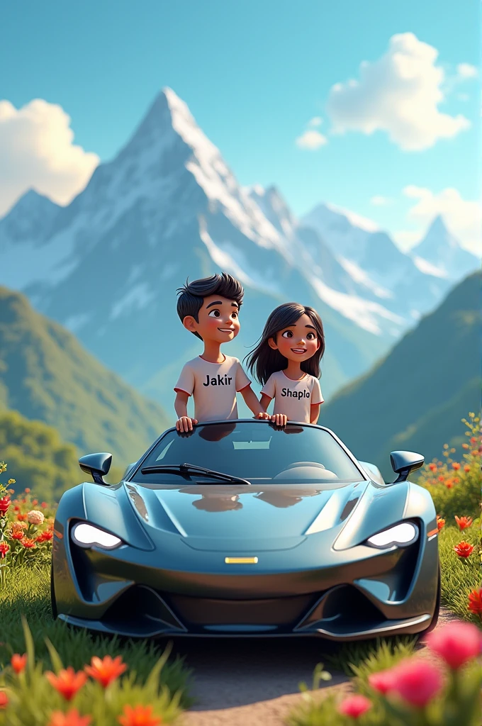 Craft an enchanting 4K 3D scene where a boy named "JAKIR," with the name printed on his shirt, and a gil named "SHAPLA" also with the name on her shirt, standing in front of a sports car, enjoying the beautiful nature on the top of a mountain.