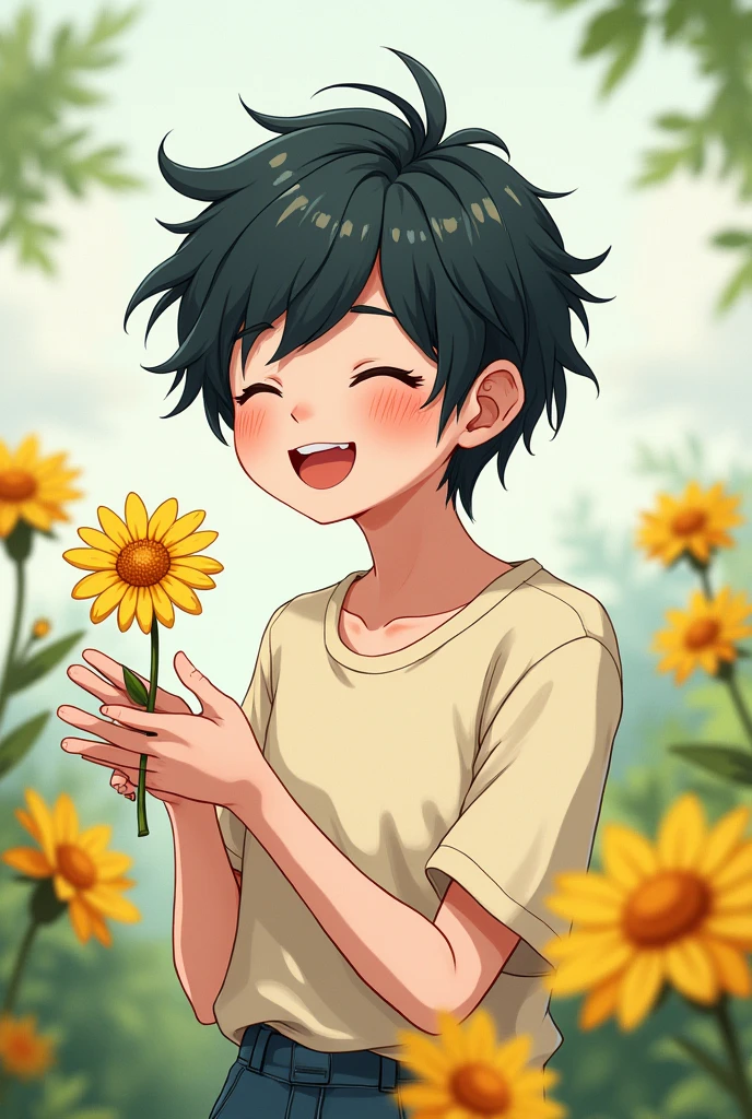 teenager with messy haircut and black color and skater style and white skin and smiling with eyes closed and offering yellow flower in anime style