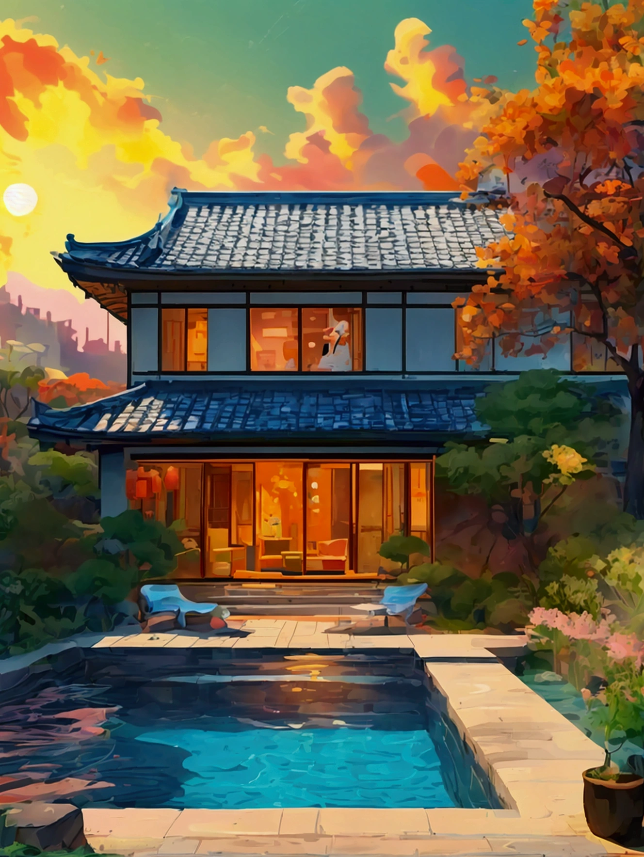 Line Illustration、Bright color scheme,warmth,3-storey house,There is a yard and swimming pool on the first floor,Children playing in the swimming pool,There is a big tent。Depth of Field,panoramic,A spacious and cozy living area,There is also a small plant in the corner。Decorated with lush greenery and potted flowers,Roadside fence flowerbed,The setting sun shines on the house。Warm and comfortable。