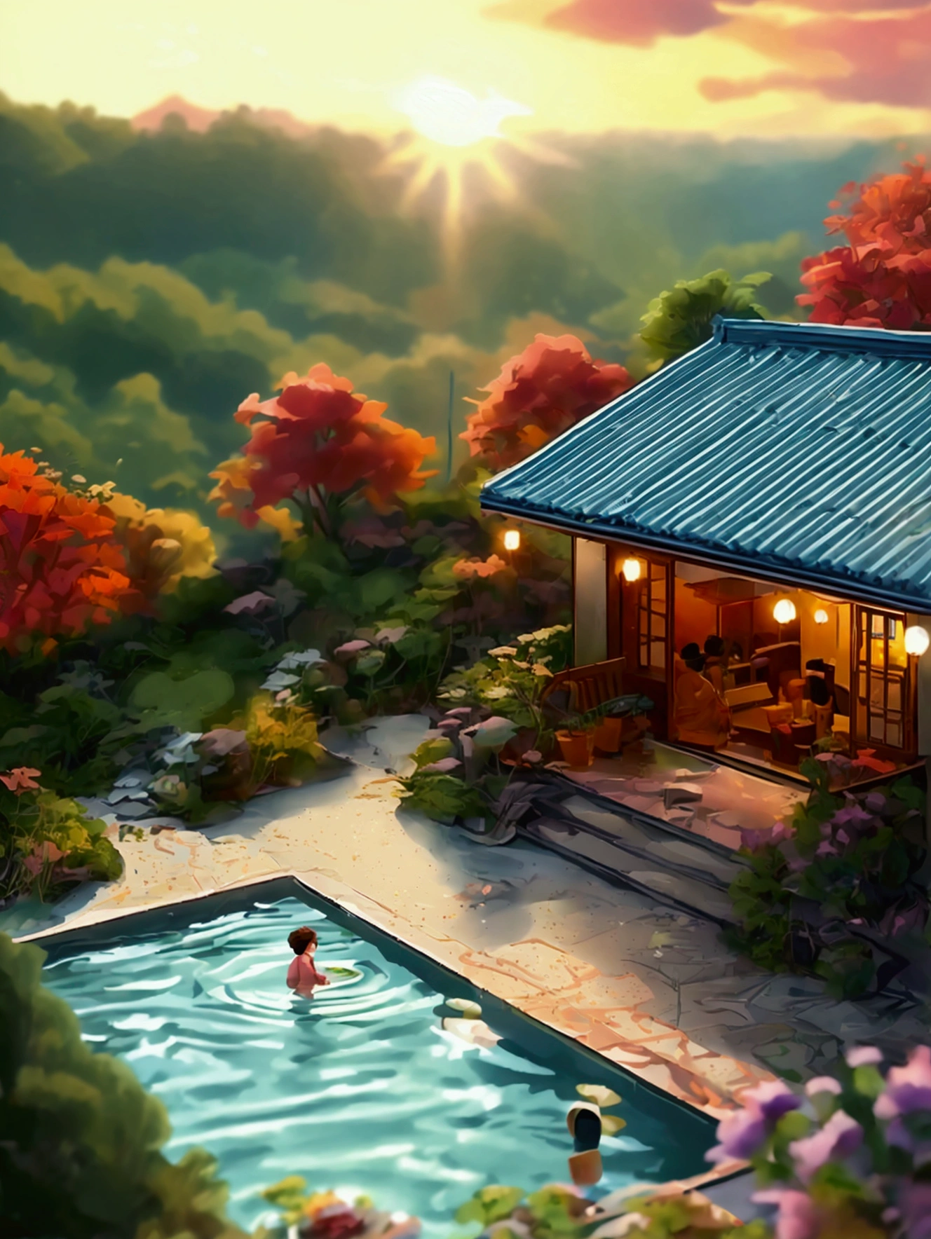 Line Illustration、Bright color scheme，warmth，3-storey house，There is a yard and swimming pool on the first floor，Children playing in the swimming pool，There is a big tent。Depth of Field，panoramic，A spacious and cozy living area，There is also a small plant in the corner。Decorated with lush greenery and potted flowers，Roadside fence flowerbed，The setting sun shines on the house。Warm and comfortable。