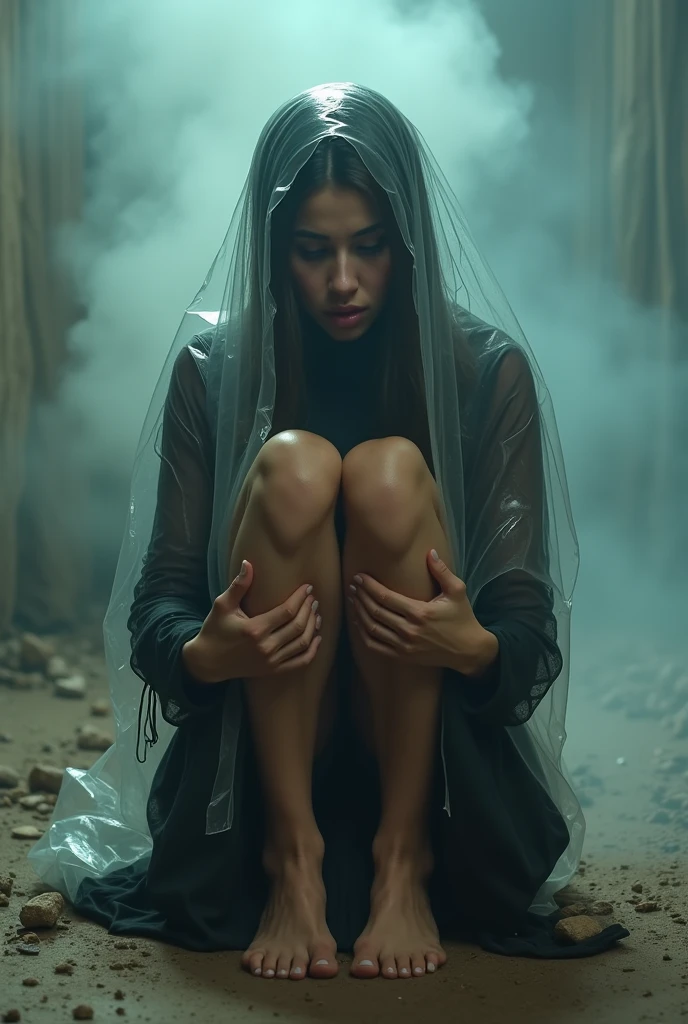 Belle et réelle image en haute résolution 4K. Une jeune Arabe de 18 ans, enfermer  dans un sac en plastique transparent, les jambes presque nues alors qu'elle était assise, déchirait une  partie (5 cm) du sac pour respirer  l'air. Elle porte une robe noire déchiré . La jeune fille bouge avec force et colère, angle de vue de derrière.
Tristesse et larmes aux yeux,
Éclairage doux par le haut et propagation de la fumée par derrière