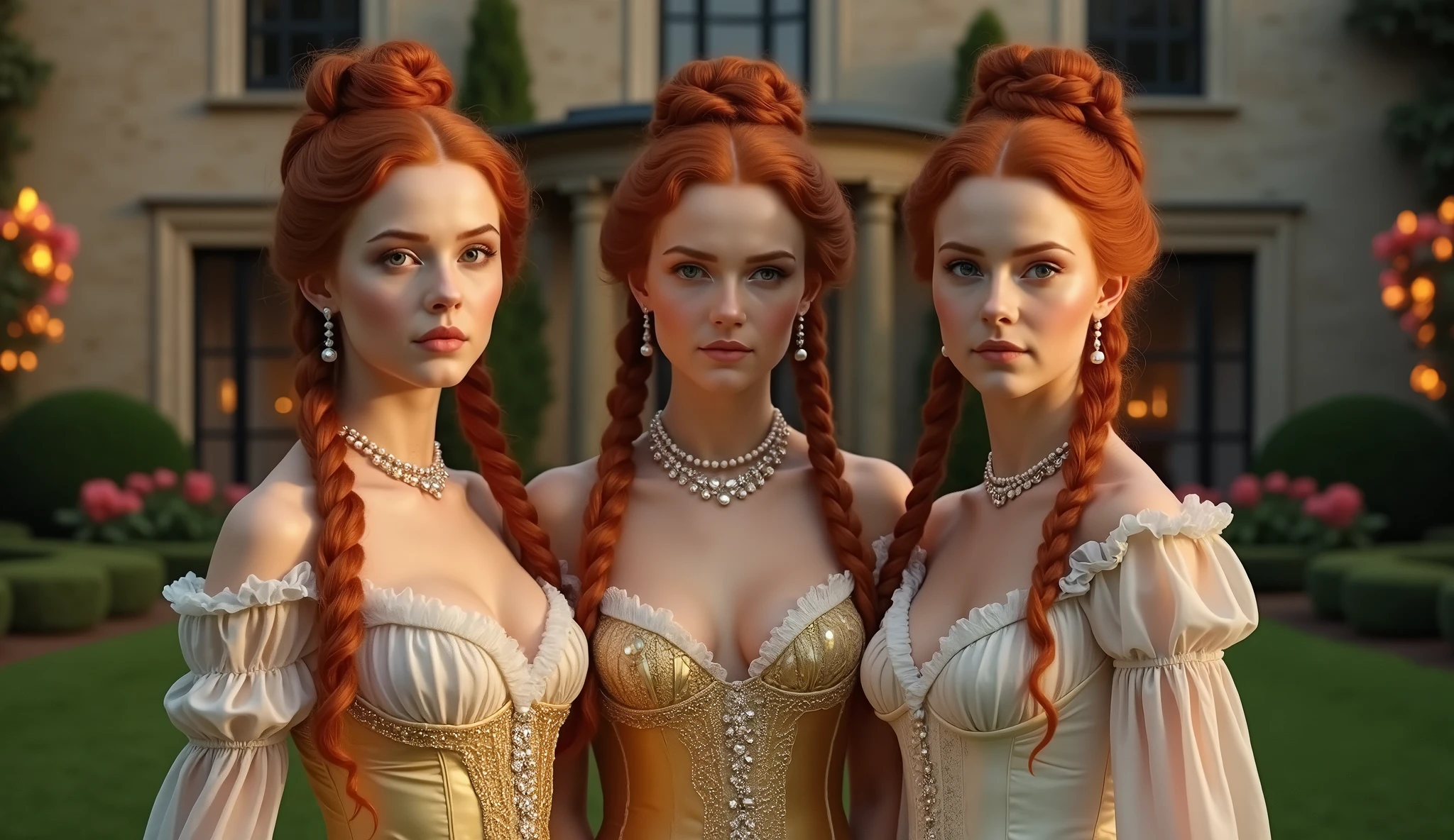 in Bridgerton, 3 girls, twins, 21 years, in England 1803, all redheads ((gingers)), perfect green eyes, buns with braids, sides, built-in and with crown, ((best quality)), ((master piece)), (detailed), perfect face, beautiful, skinny, slim body, corset and gloves, golden and white underware, pearls, jewelry, in front of a castle house, rustic house, night time, flambeau fire, perfect garden, flowers, Prom