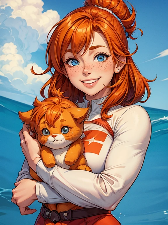 Super ultra happy cute , with freckles and ginger hair, holding her cheeks