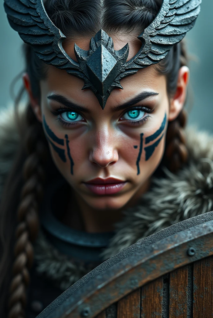 Close up face beautiful viking woman, wooden shield in hand , strong blue light in the eyes, large crown of wings , viking face paintings, Angry, bone ornaments on the neck, battle armor, focused, braids in hair