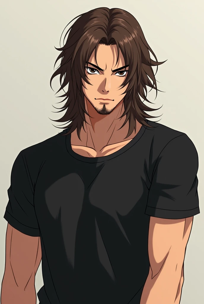 Make a male anime character, dark eyes and long brown hair, with a goatee and a black t-shirt.