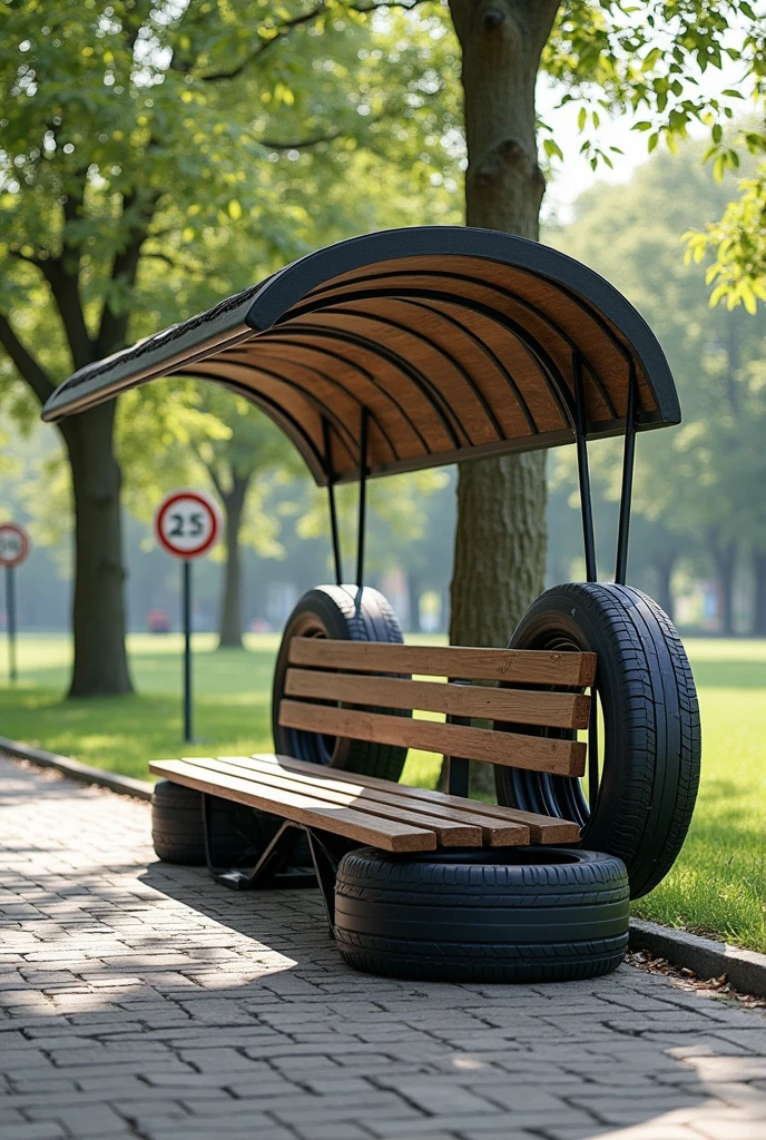 propose moi des idées de conception des bancs public avec des pneus de voiture avec un abri soleil