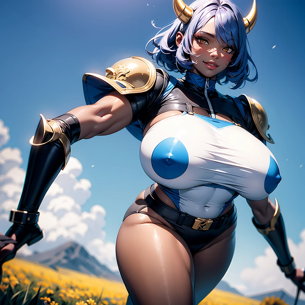 ((best quality)), (detailed), 1 brutal women, 8k_wallpaper, extremely detailed eyes, (large masterpiece digital art), (intricate details:1.3 ), (ultra-detailed:1.3), (sharp focus:1.3), (natural lighting:1.05), (vivid colors:1.3), (best quality:1.4), expressive eyes, full body, detailed face, beautiful face, perfect face, ((hair black curls)), ((blue horns)), (gold eyes), {{dark skin}}, ({dark skinned female}), (), huge chest, big wide ass, powerfrelief muscles of the abdomen and legs, powerful strong muscles of the arms, a predatory look and a smile with fangs, an open white coat with a fur collar and rolled up sleeves, heavy steel cyberpunk armor, a transparent blue crop top through the fabric of which the clear outlines of large pointed nipples with large openings of the mammary glands are visible, wide khaki military pants, a yellow belt , a military walkie-talkie on her belt, a large hiking backpack, she walks across a wide lilac field on another planetainst the backdrop of an indigo forest and high mountains, style cyberpunk and dark fantasy,