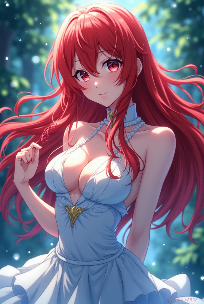 Anime art style, dramatic and enchanting transformation, character Rias Gremory, striking red hair flowing like a crimson wave, elegant magical aura enveloping her, intricate details capturing her essence, showcasing shifting features from original form to enchanting beauty, vivid expression radiating confidence and allure, ethereal lighting enhancing the elegant transformation, radiant colors of deep crimson, soft white highlights, and shimmering blues highlighting her beauty, dynamic motion emphasizing the transformation, gentle swirl of magical energy surrounding her, bringing forward the themes of self-discovery and empowerment, lush anime forest backdrop with soft bokeh effect, harmonious composition guiding the viewer's gaze towards the transformation, ethereal atmosphere radiating warmth and magic, emotional depth in Rias' eyes reflecting her inner strength, vivid colors blending seamlessly, cel-shaded technique enhancing depth, intricate line work accentuating her delicate features, the essence of anime artistry brought to life with meticulous attention to detail, vibrant hues harmonizing to produce a masterfully captivating piece, aimed at captivating fans of the anime genre and showcasing the beauty of transformation.