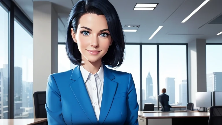 pixar-style cartoon picture, Insurance manager 30-year-old white Caucasian woman in a modern office setting with blue suit looking straight into the camera, Energetic, warm, friendly, satisfaction, cosy, elegant, closed-mouth smile, flirtatious caucasian, perfect skin, moderate makeup, 8k professional photo, perfect composition, endless detail, remove person in the background, exposed ceiling