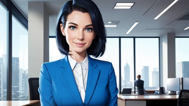 pixar-style cartoon picture, Insurance manager 30-year-old white Caucasian woman in a modern office setting with blue suit looking straight into the camera, Energetic, warm, friendly, satisfaction, cosy, elegant, closed-mouth smile, flirtatious caucasian, perfect skin, moderate makeup, 8k professional photo, perfect composition, endless detail, remove person in the background, exposed ceiling 
