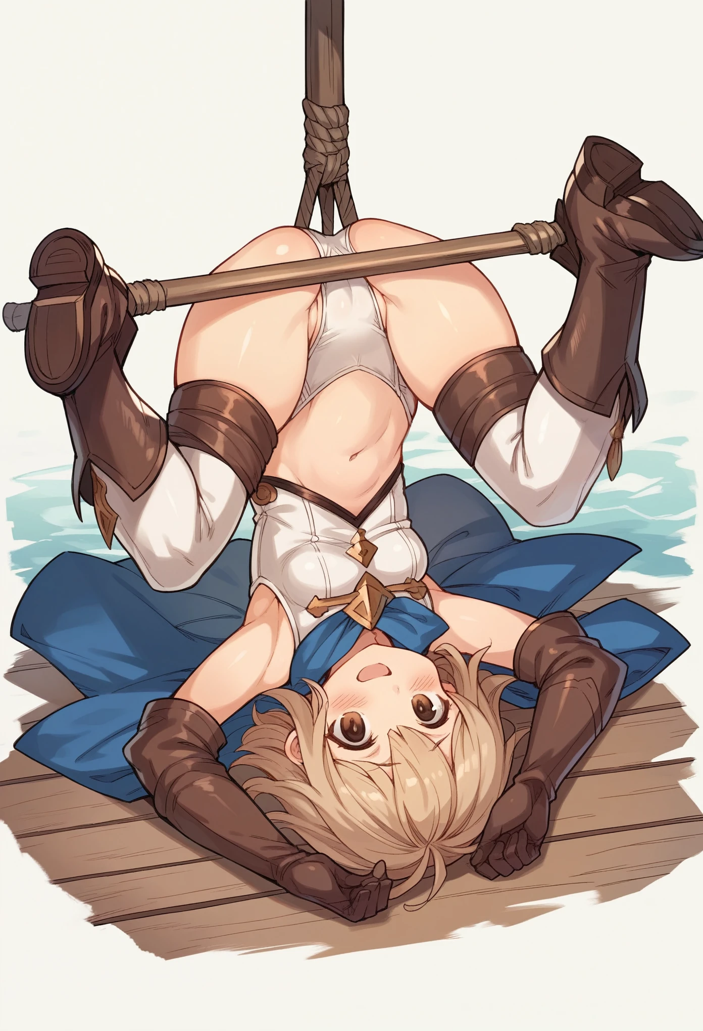 GRANBLUEfantasy,1ung_tegirl,brown_hair,medium_bob_hair,platina_blond_hair,white_leotard,covered_crotch,thigh-highs,smile,standing,bluesky_landscape_background,slightly_spread_legs,happiness, short_gloves ,solo, r18, navel,relicbuster,short,boots,open_mouth,sitting,knees,blush,shy,piledriver,(crotch:1.3),solo,on_ship