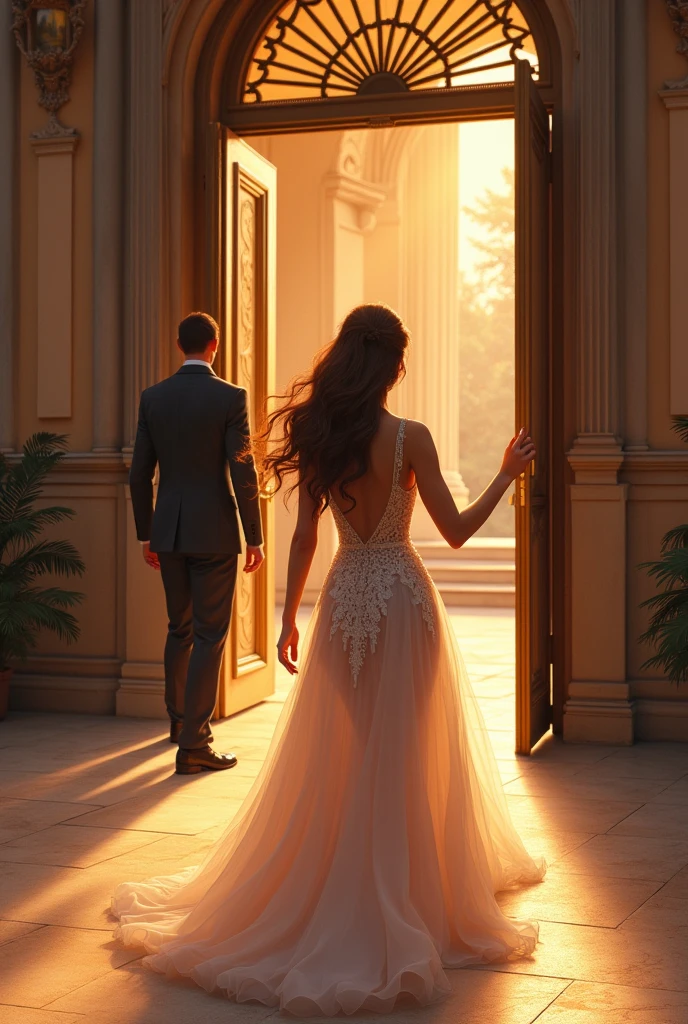 Woman in prom dress walking towards party hall behind her there is a man in suit at the door the woman has brown hair