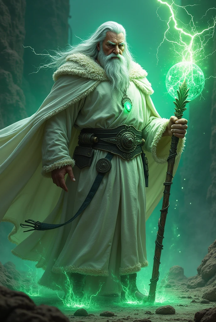 an ultra realistic image of a super powerful wizard, brawny, fair skinned and grayish white hair, powerful and intimidating posture, wears a white tunic with black details, half burnt due to the intense electricity, black lightning power, exuding power from his body and his eyes intensely, holding a mystical staff of green aura emanating a spiritual energy similar to fire