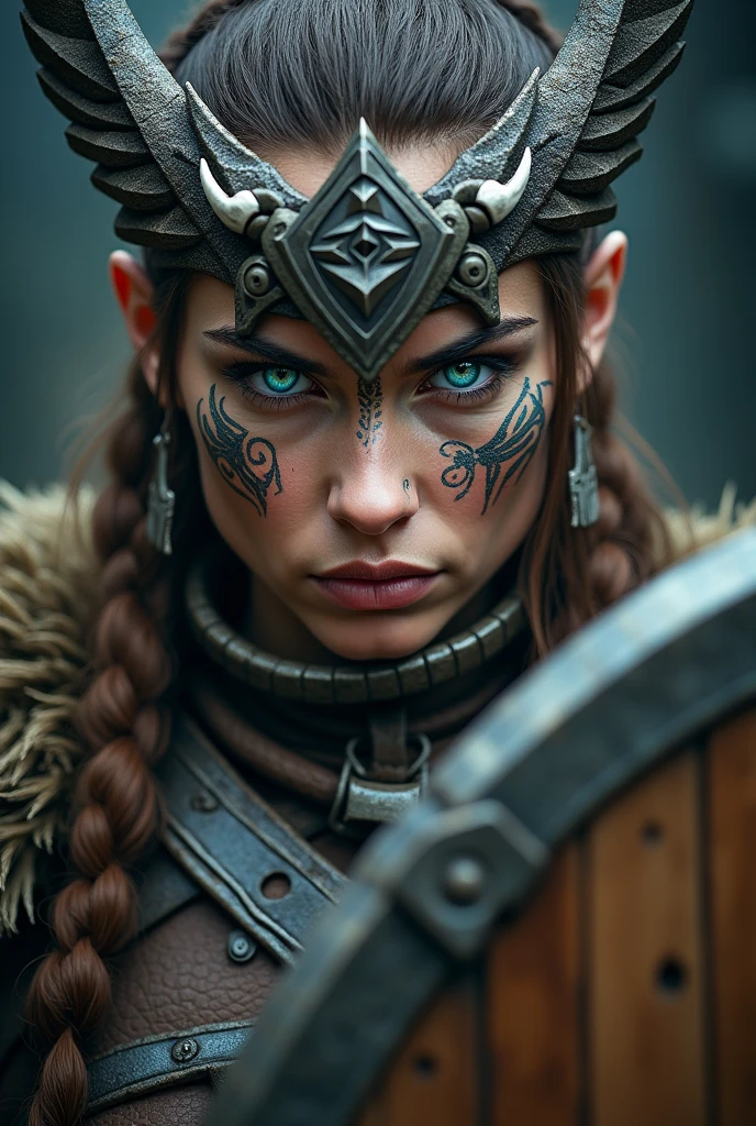 a viking woman with viking tattoos,charcoal tattoo in eyes,expression of anger,holding shield with viking runes,redhead,braided and messy flowing hair,bruised and scratched body,side view,profile vision,velka,assassins creed valhalla,ragnarok,vikings,black body behind,nordic,valhalla,nordic runes,hand drawn,illustration,art nouveau,tarot cards