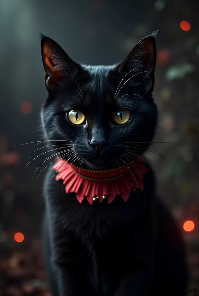 A black cat with a red collar