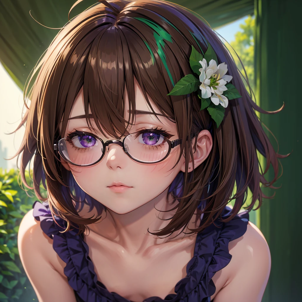 (8k, RAW Photo, Top Quality, Refined Details, Masterpiece: 1.2), (High Resolution 8k Wallpaper), Sharp Focus, Professional Lighting, Depth of Field, Cinematic Lighting, Background Blur,female,solo,(short hair,brown hair:1.3),(green streaked hair:1.35),purple eyes,(detailed eye:1.1),facial detail,hair detail, (ahoge:1.2),(glossy hair:1.3),(bangs bangs:1.2),(hair between eyes:1.1),(small breasts:1.2),hair_flower, (details of glasses:1.1),blue-framed_eyewear,