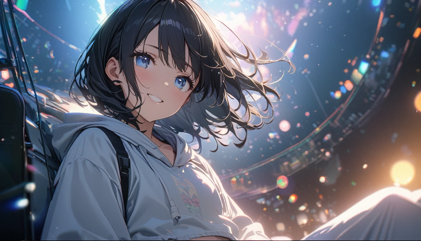 ((ultra-detailed))/(one women with short black hair and bob hair.、beautiful blue eyes,.、smile、gentle smile on her face、flat chest, one Beautiful girl,((masterpiece, illustration, best quality) ((ultra-detailed))/)Masterpiece\,wearing headphones and sitting the kobushi magnolia trees while wearing white hoodie,濃い青とBeautiful Blueのグラデーション, High resolution, 8K HD detail, hyper-detail, cinematic, surrealism, soft light, deep field focus bokeh, ray tracing and surrealism. --v6'