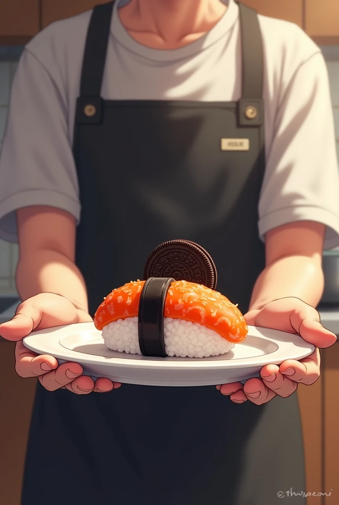 Person holding a plate with sushi-shaped Oreo on top in a bowl anime wearing a black apron man