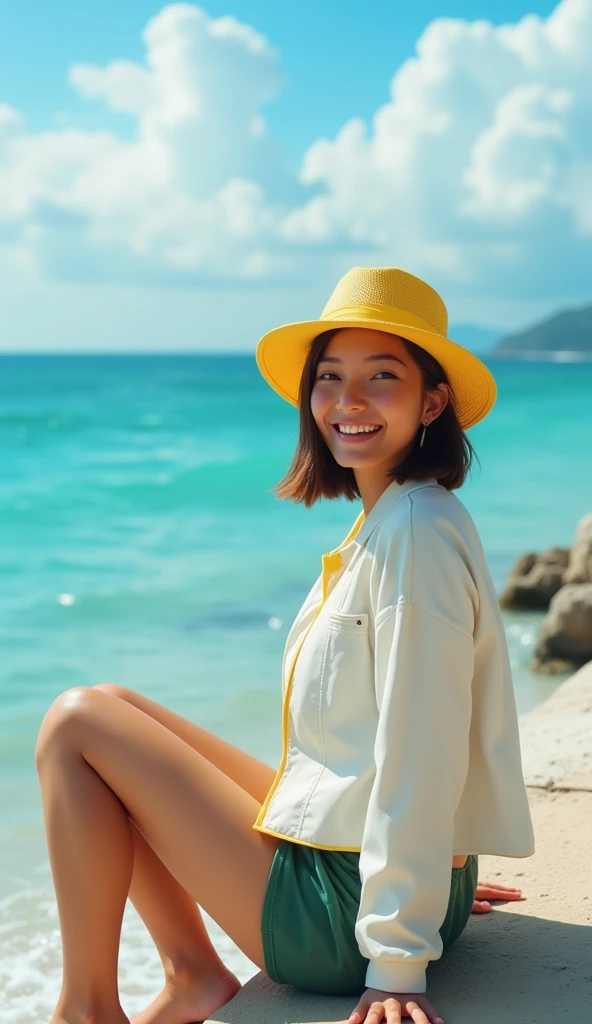 - Woman sitting at a place by the sea
 Hyperreal Photo
 - Woman wearing yellow hat
 - Woman wearing white jacket and green shorts
 - Woman is smiling with the sea in the background
 - The woman's hair is in a very short cut style
 - The woman's expression is cheerful and happy
 - The woman is sitting with her hands on her knees
