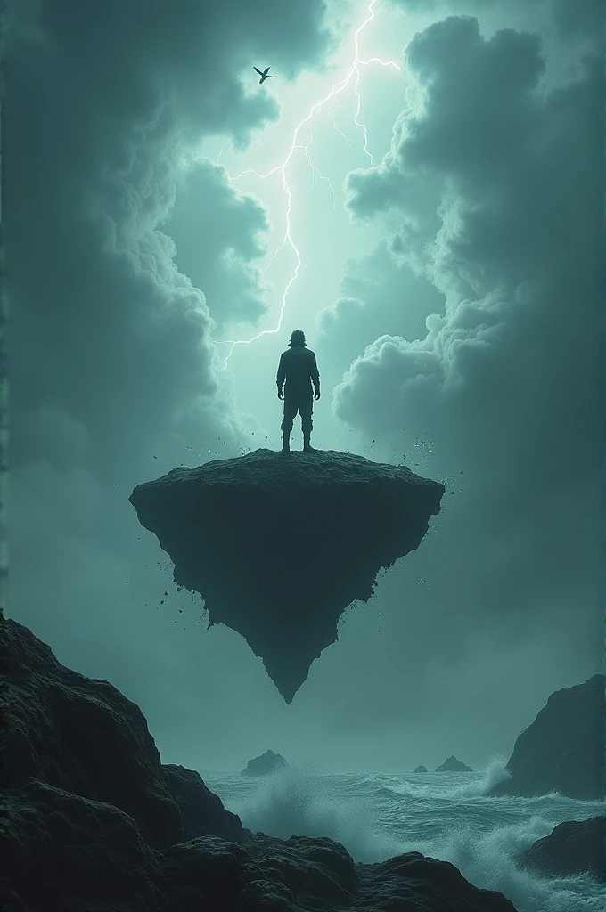 A man stands on a piece of land flying through the sky in a storm